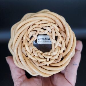 Crate & Barrel Wicker Wrapped Glass Bottle 12" Rattan Decor w/ Cork